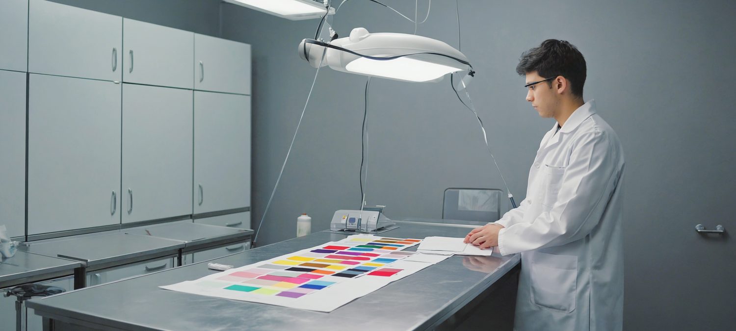 Kleurbeoordelaar vergelijkt kleurvlakken onder gekalibreerd licht in een neutrale beoordelingscabine