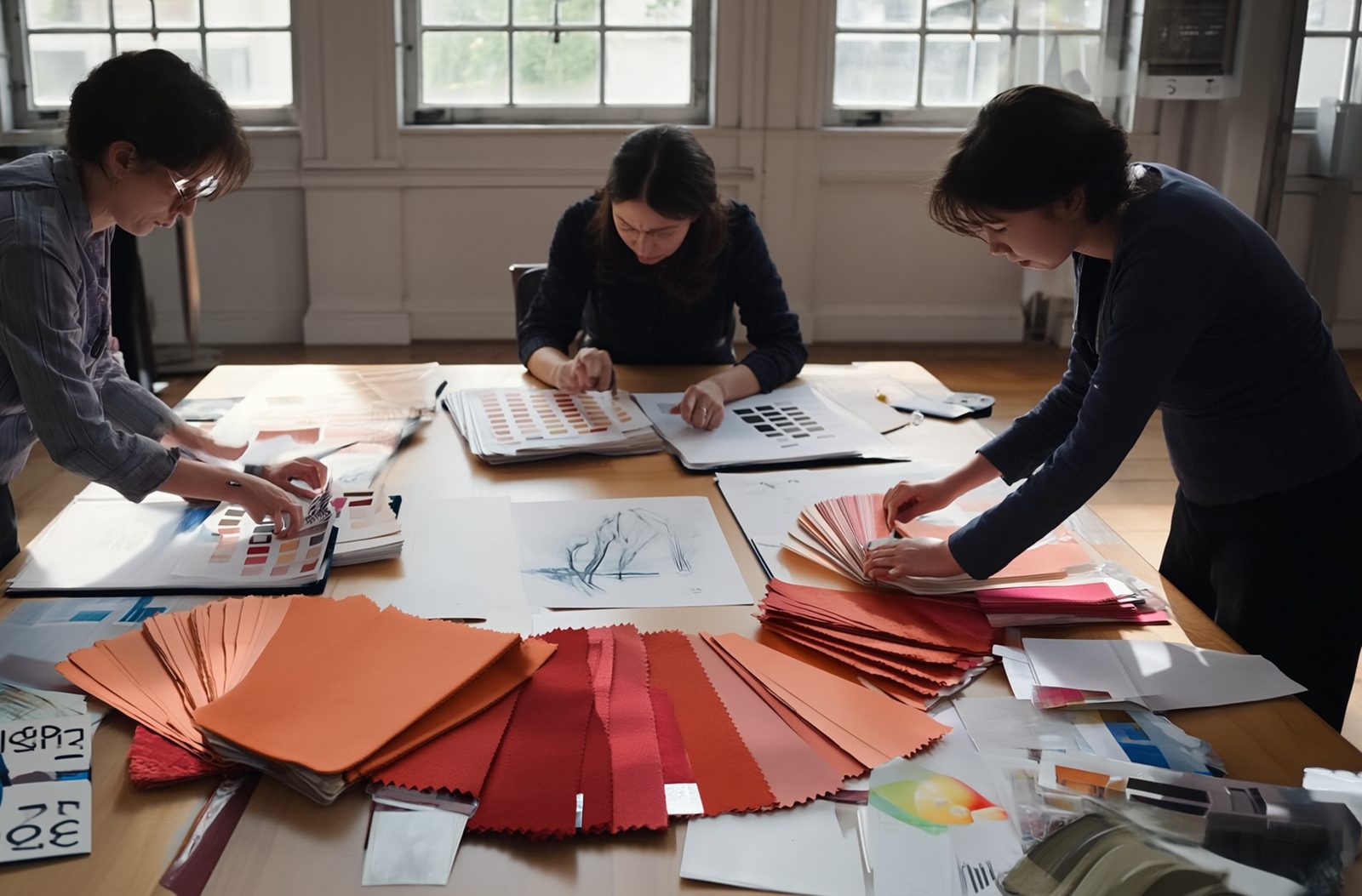 Drie kleurprofessionals vergelijken stoffen en kleurkaarten op een werktafel in daglicht